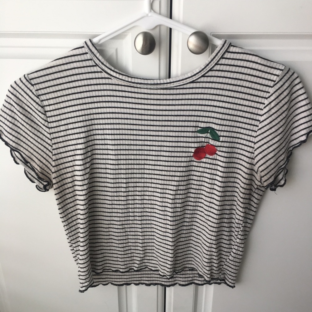 Striped Crop Top with Lettuce Detailed Sleeve